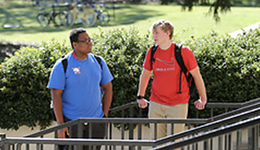 两个男学生站在外面的楼梯上聊天.